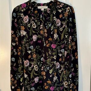 LOFT Relaxed Long Slv blouse, black with colored flowers, ruffled neck